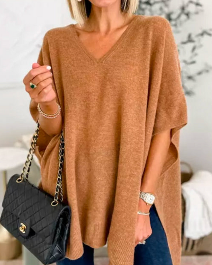 Erica | V Neck Loose Fit Solid Poncho Tee