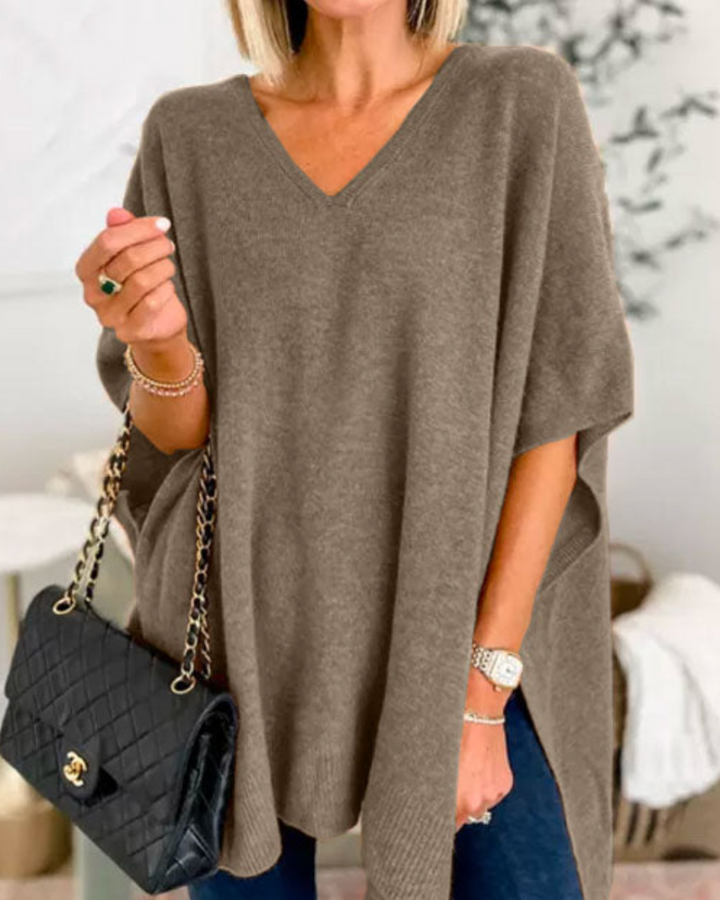 Erica | V Neck Loose Fit Solid Poncho Tee