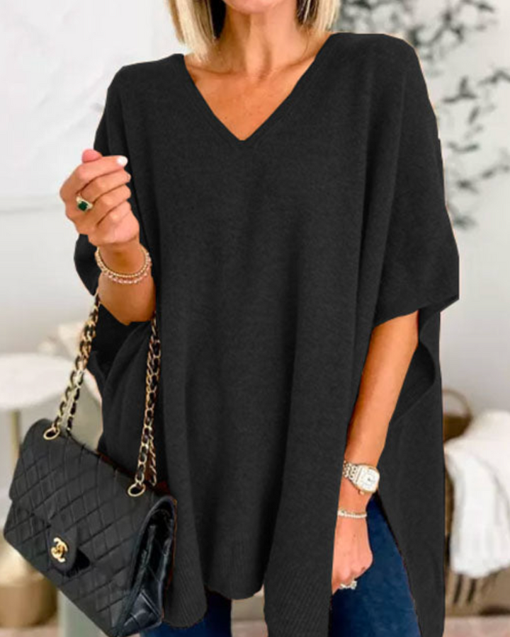 Erica | V Neck Loose Fit Solid Poncho Tee