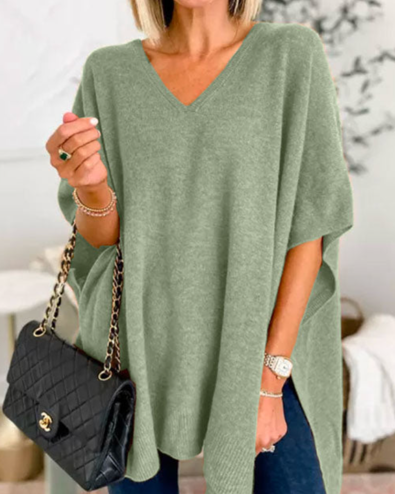 Erica | V Neck Loose Fit Solid Poncho Tee