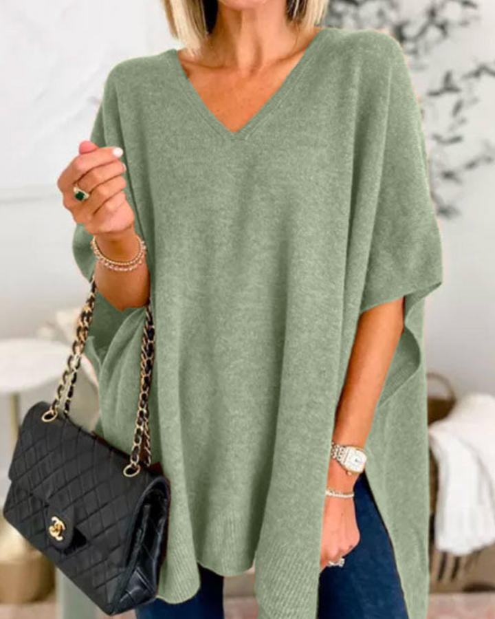Erica | V Neck Loose Fit Solid Poncho Tee
