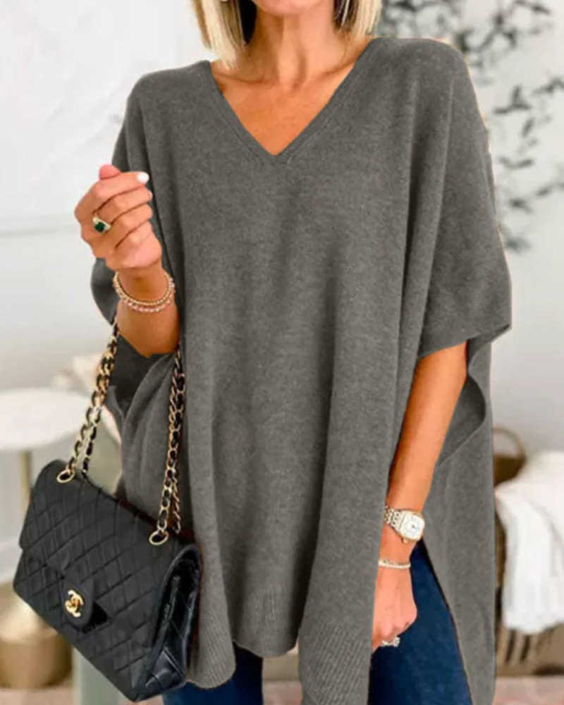 Erica | V Neck Loose Fit Solid Poncho Tee